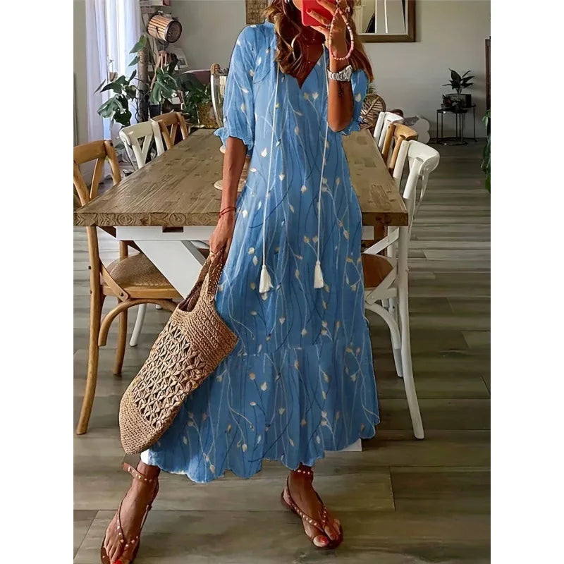 Women's Bohemian Floral Maxi Dress - V-Neck Half Sleeve Beach Dress