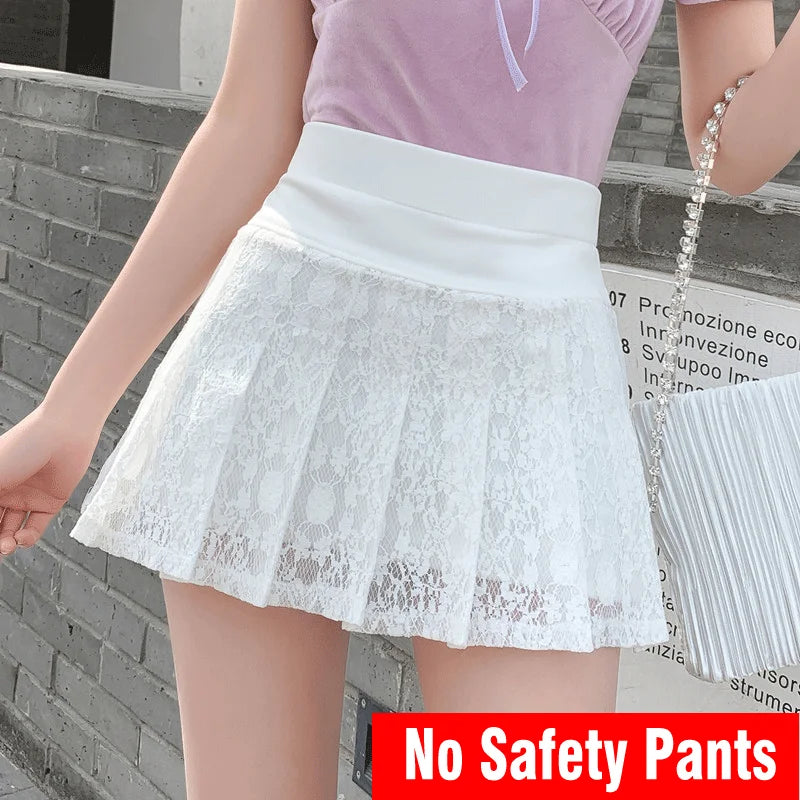 Women's High Waist Lace Pleated Mini Skirt