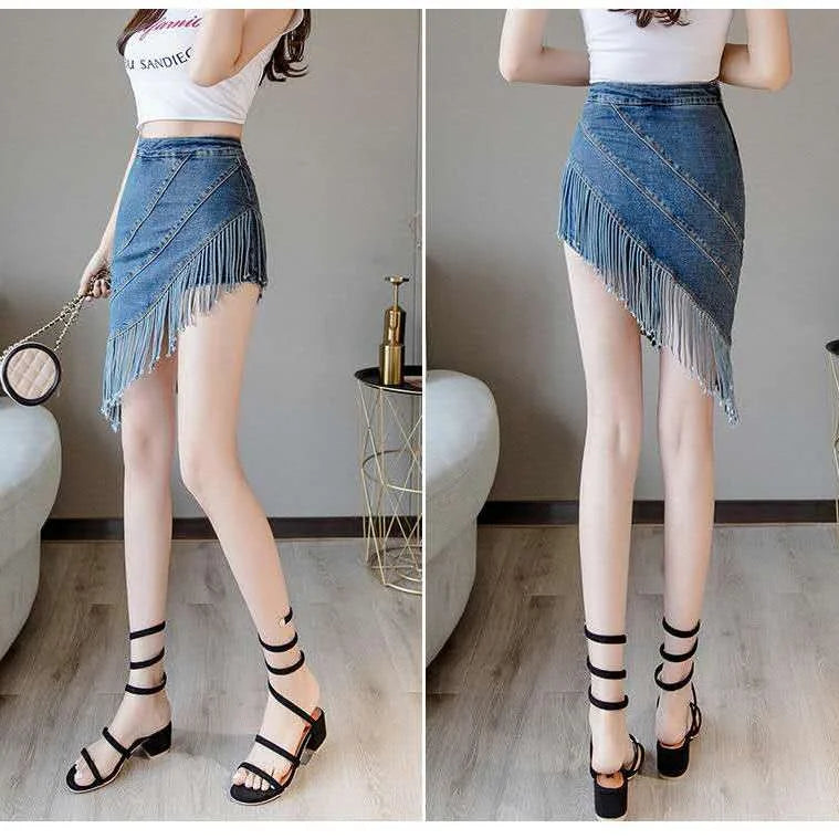 Women's High Waist Denim Skirt with Fringe Detail
