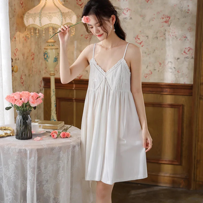 Cotton Lace Nightgown - Elegant Sleeveless Sleep Dress