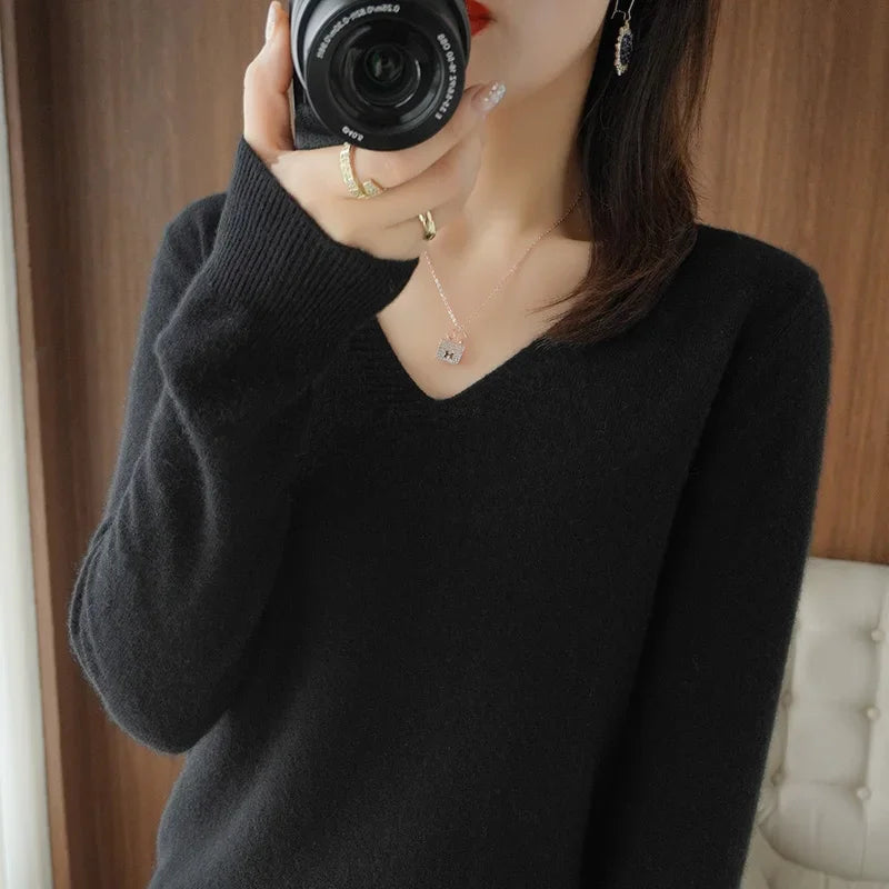 Casual V-Neck Sweater - Women's Solid Color Pullover