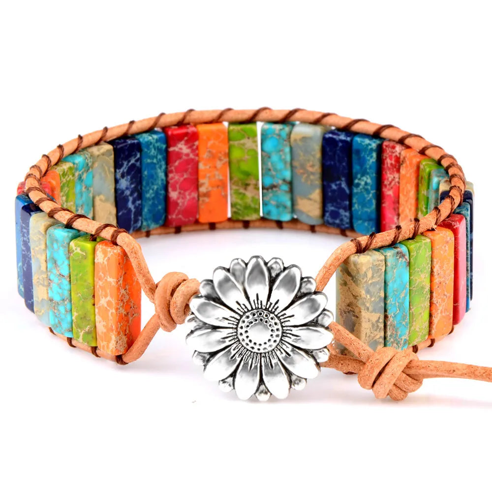 Multicolor Natural Stone Leather Wrap Bracelet - Adjustable Tibetan Bead Jewelry