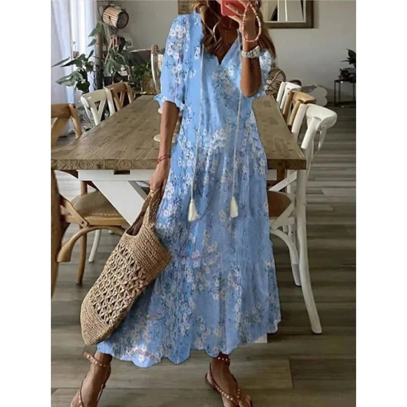 Women's Bohemian Floral Maxi Dress - V-Neck Half Sleeve Beach Dress