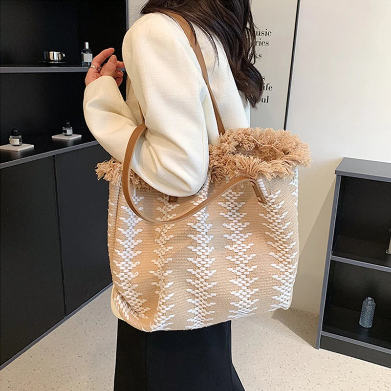 Women's Large Striped Tote Beach Bag with Top Handles