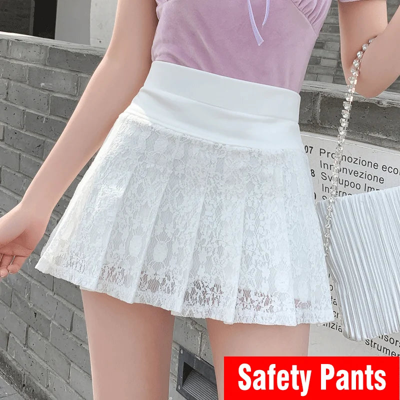 Women's High Waist Lace Pleated Mini Skirt
