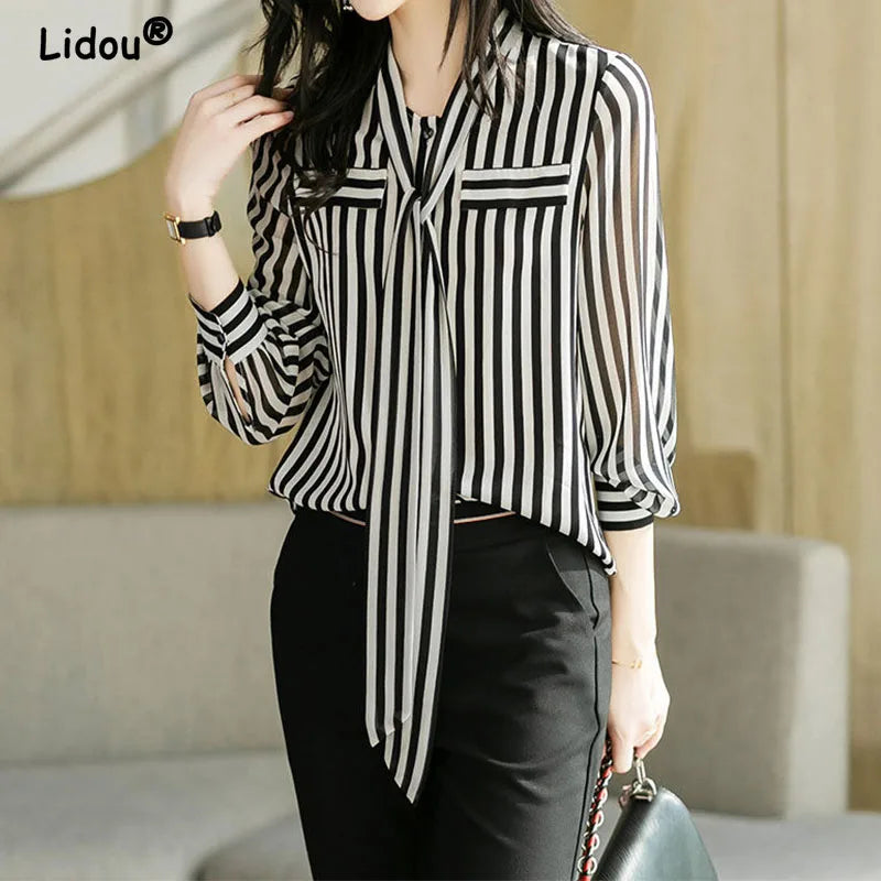 Striped Office Blouse - Elegant Long Sleeve Fashion Shirt