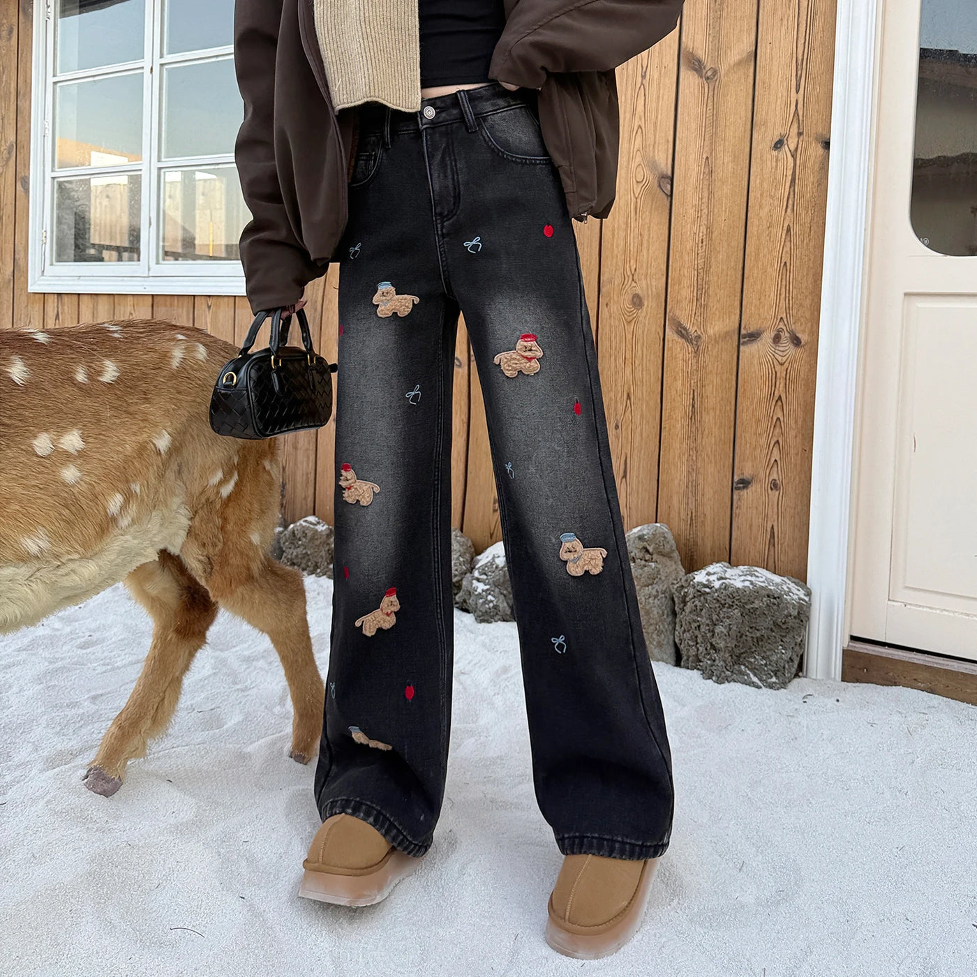 Women's Embroidered Denim Jeans - Korean Style Loose Fit