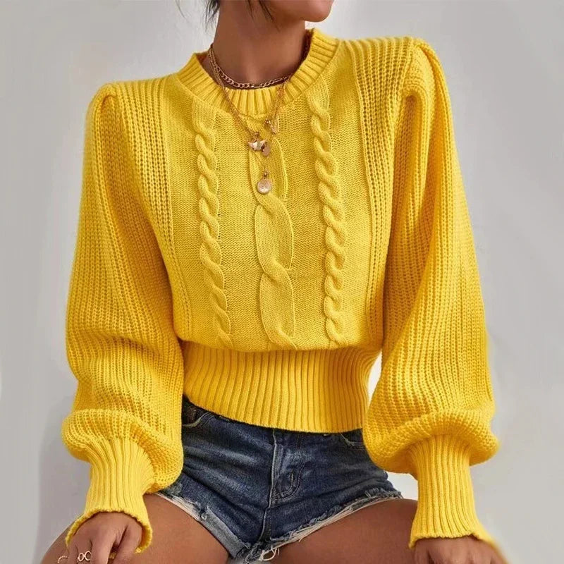 Solid Color Lantern Sleeve Sweater - Women's Warm Pullover