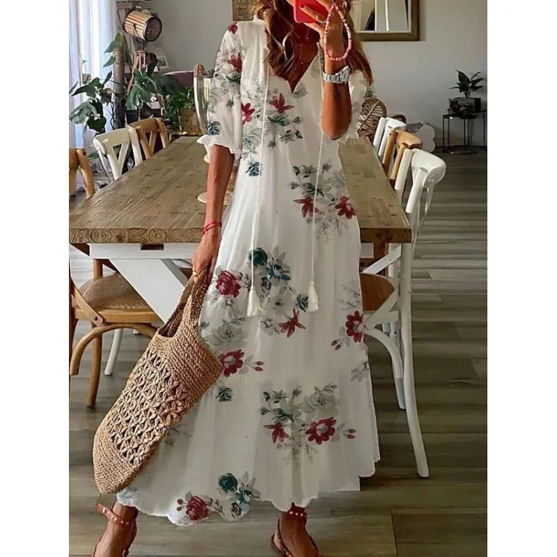 Women's Bohemian Floral Maxi Dress - V-Neck Half Sleeve Beach Dress