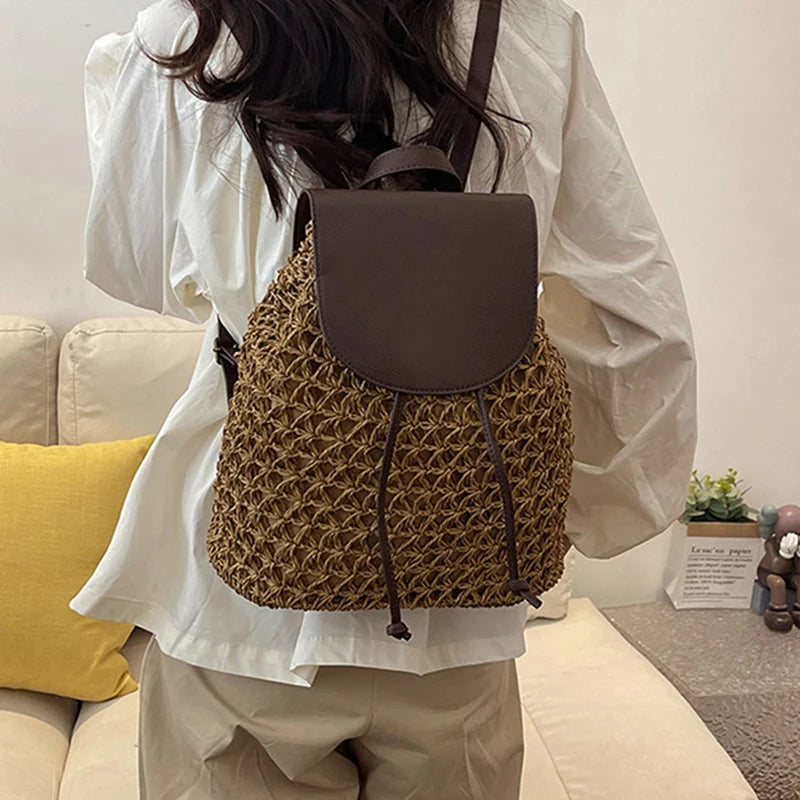 Bohemian Straw Backpack - Handwoven Summer Travel Bag