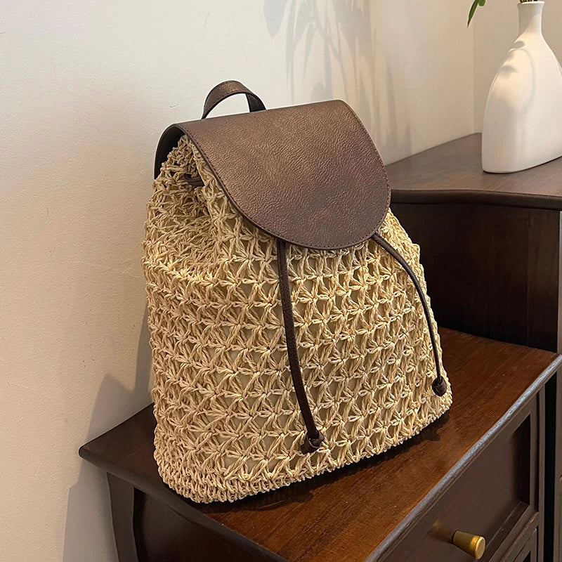 Bohemian Straw Backpack - Handwoven Summer Travel Bag