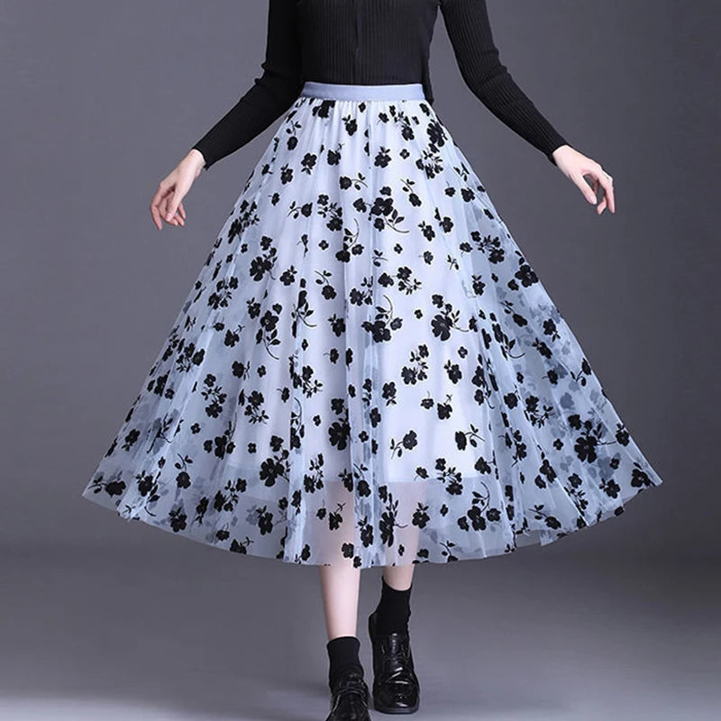 Korean Style Tulle Midi Skirt - Floral Mesh Fashion Skirt