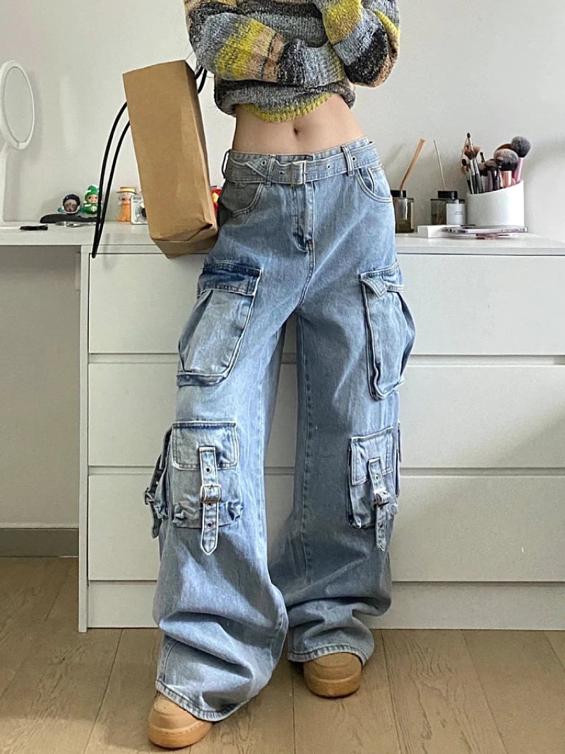 Women's High-Waisted Cargo Jeans - Wide Leg Denim Pants