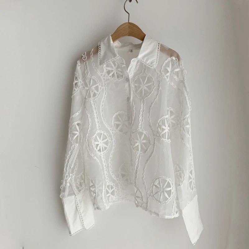 Spring Long Sleeve White Blouse - Floral Embroidery Shirt