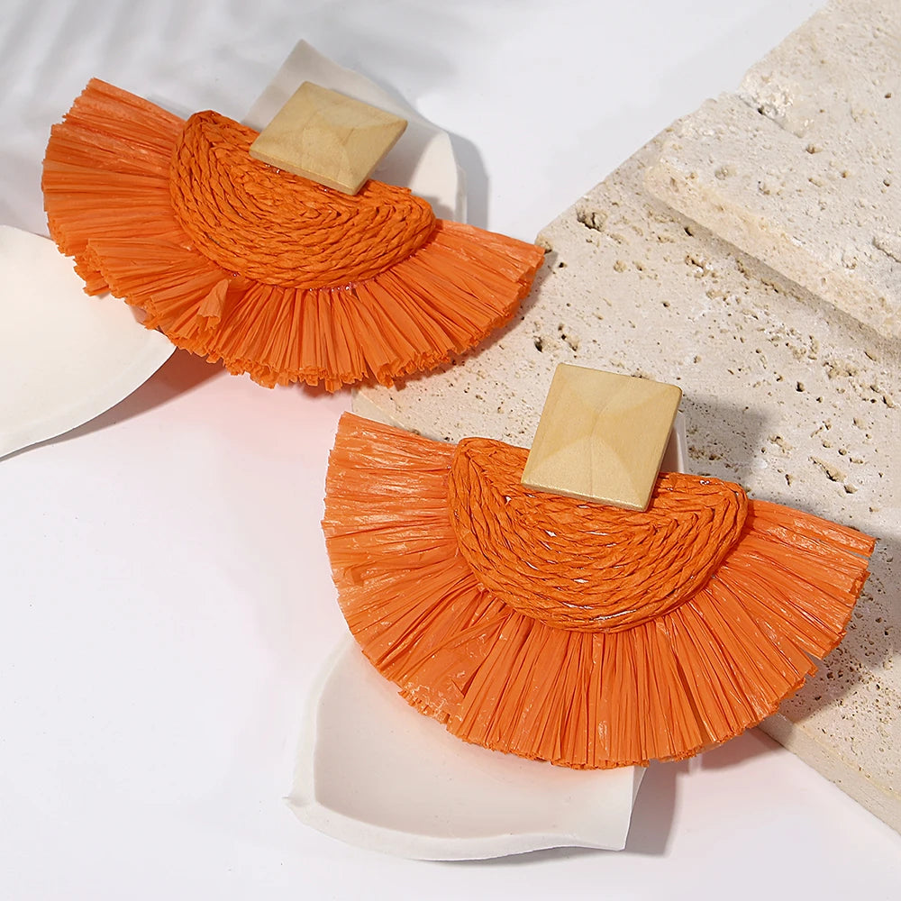Handmade Raffia Drop Earrings - Colorful Fan-Shaped Summer Jewelry
