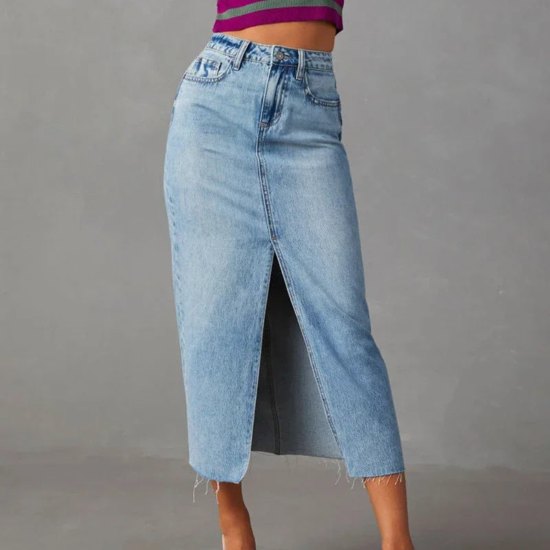 Women's High Waist A-Line Denim Midi Skirt