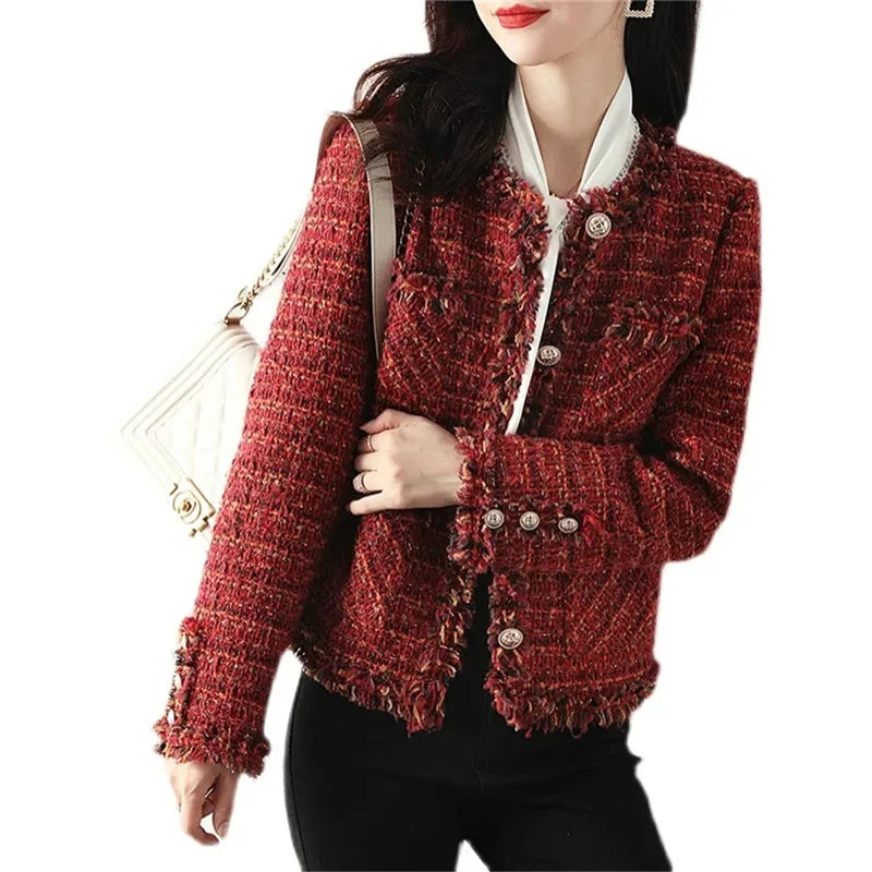 Women's Plaid Tweed Jacket - Short Thick Coat