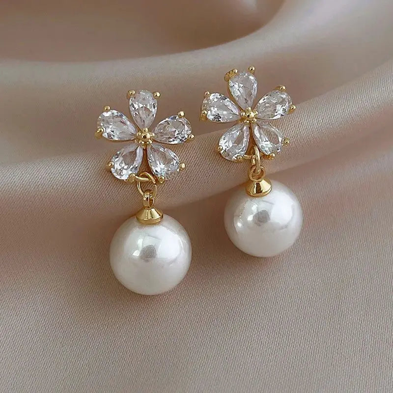Rhinestone Flower Stud Earrings with Pearl & Crystal Accents