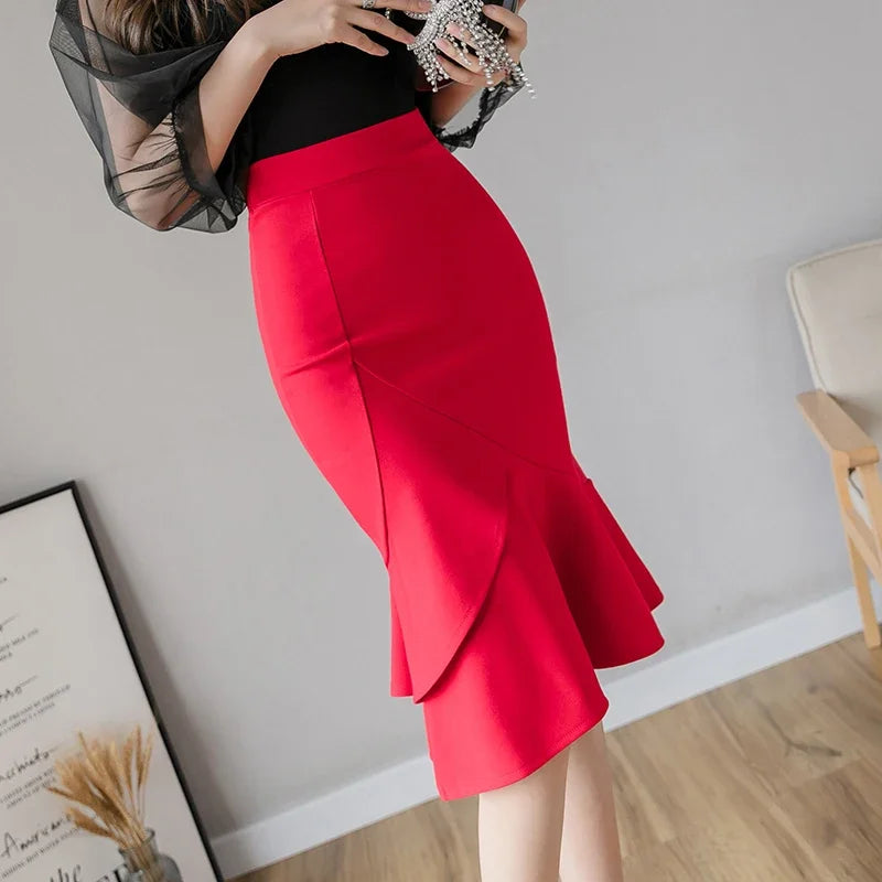Women's High Waist Bodycon Skirt - Elegant Mid-Calf Length Office Wear