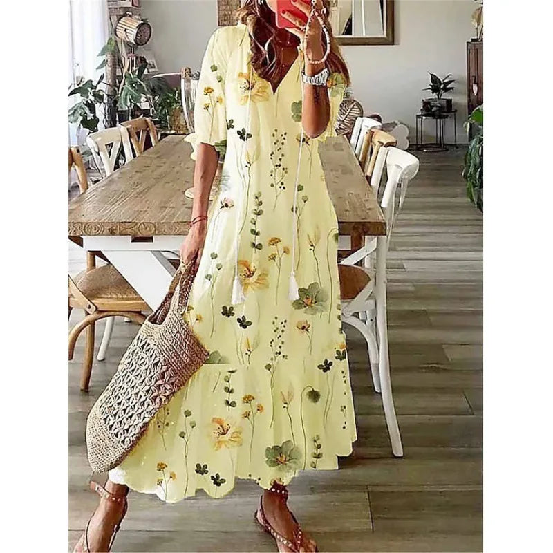 Women's Bohemian Floral Maxi Dress - V-Neck Half Sleeve Beach Dress