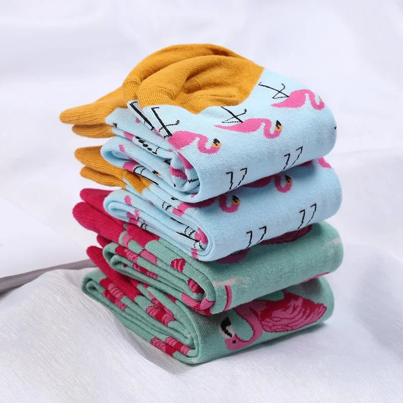 Flamingo Character Cotton Socks - Unisex Casual Crew Socks