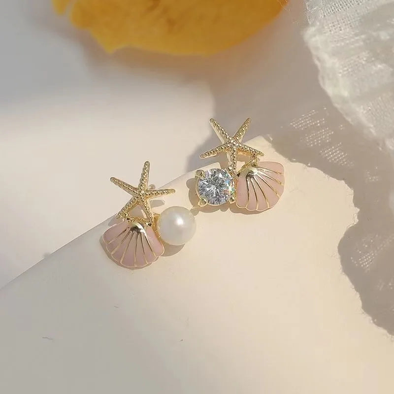 Starfish Pearl Stud Earrings - Asymmetric Shell Design