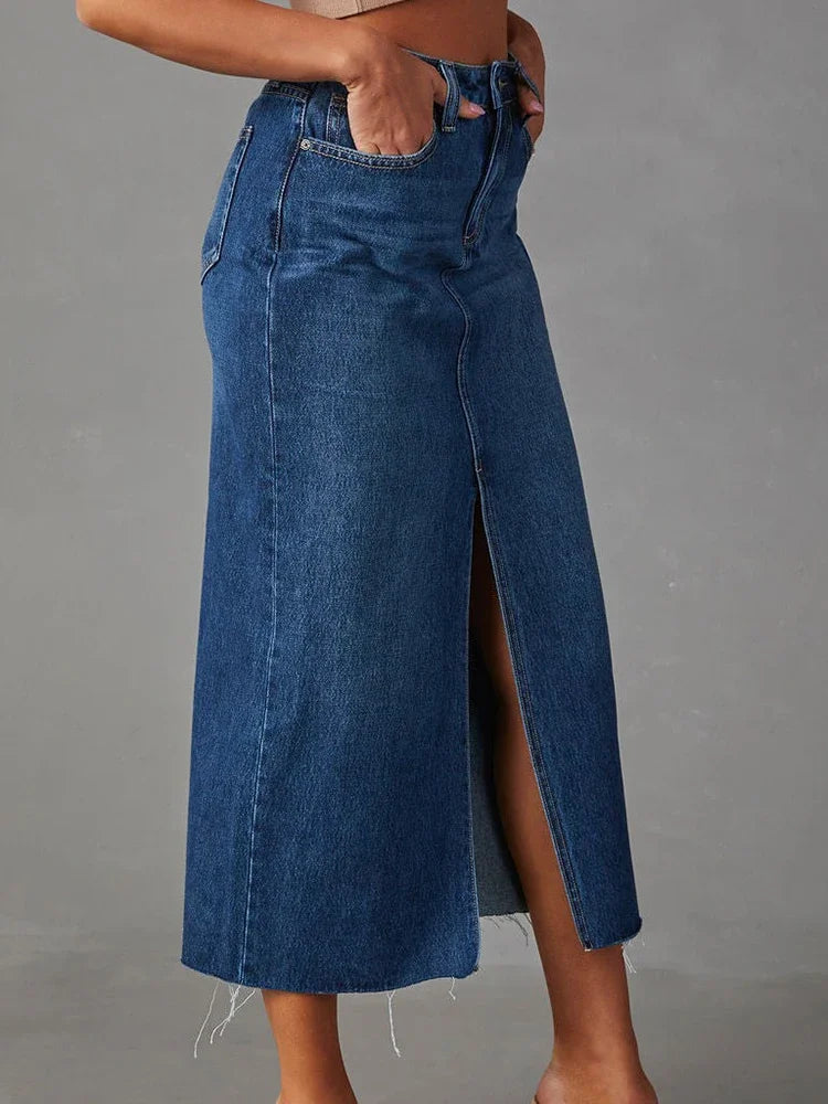 Women's High Waist A-Line Denim Midi Skirt