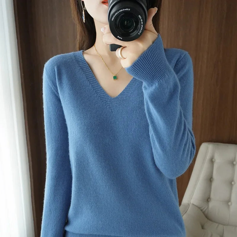 Casual V-Neck Sweater - Women's Solid Color Pullover