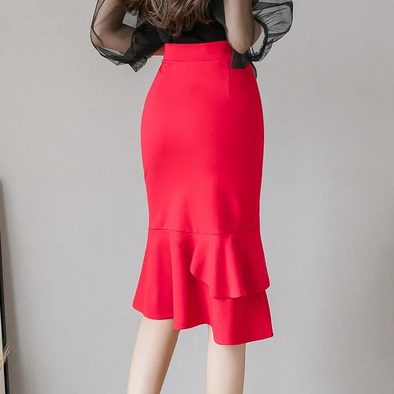 Women's High Waist Bodycon Skirt - Elegant Mid-Calf Length Office Wear
