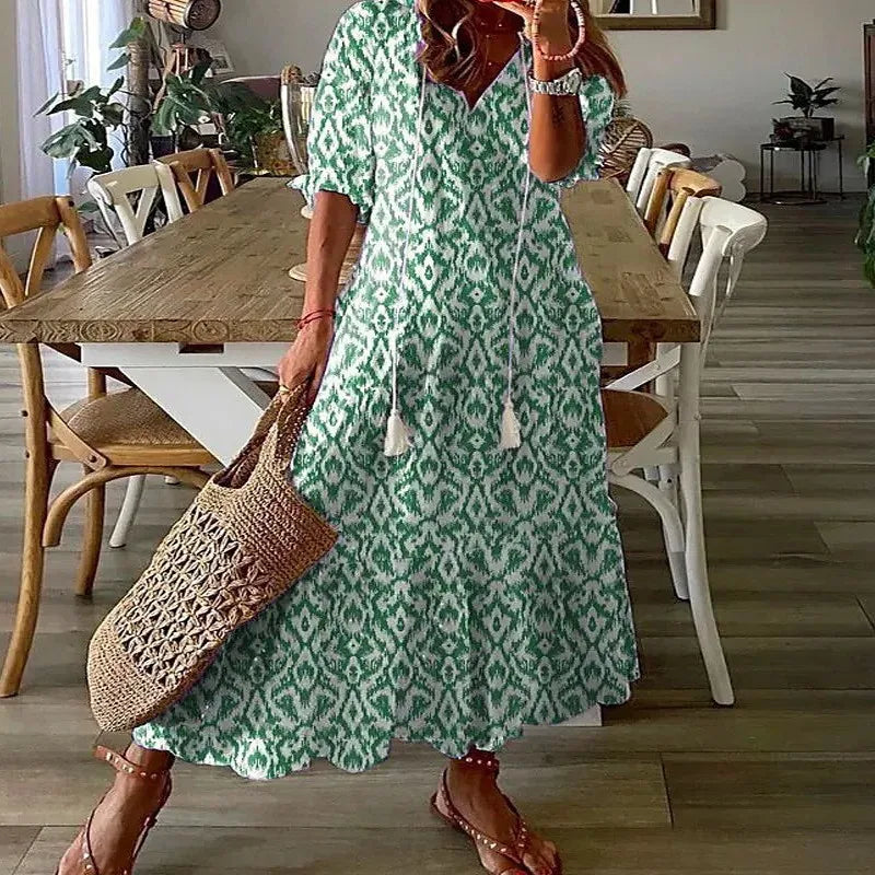 Women's Bohemian Floral Maxi Dress - V-Neck Half Sleeve Beach Dress