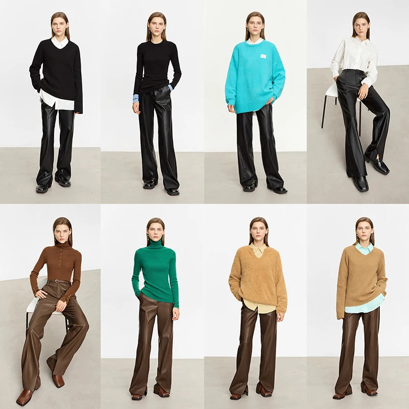 AMII Women's PU Leather Straight Leg Pants - Floor Length