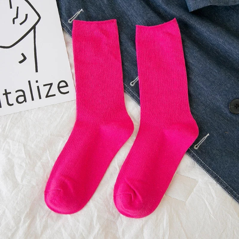 Women's Solid Color Crew Socks - Breathable Cotton Blend
