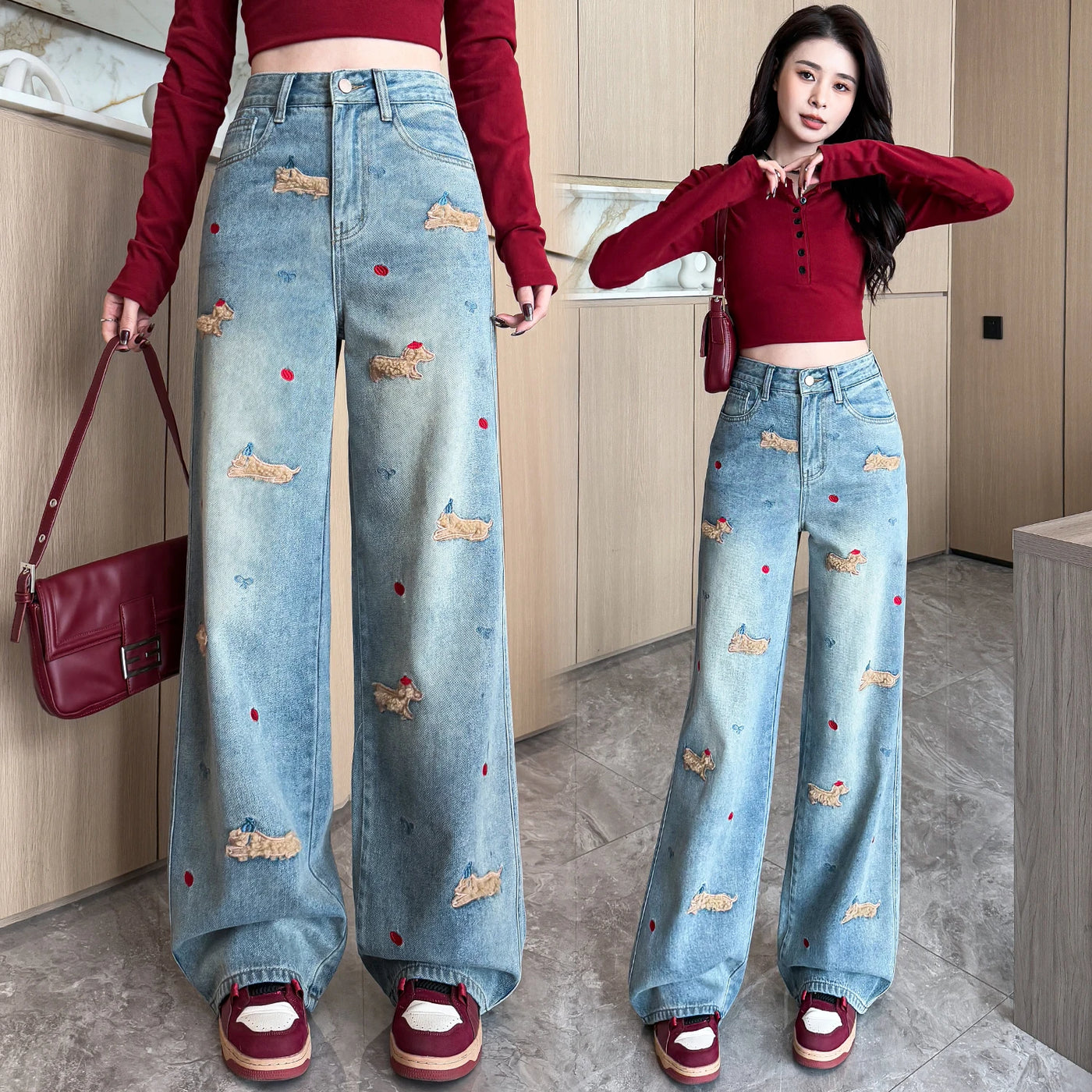 Women's Embroidered Denim Jeans - Korean Style Loose Fit