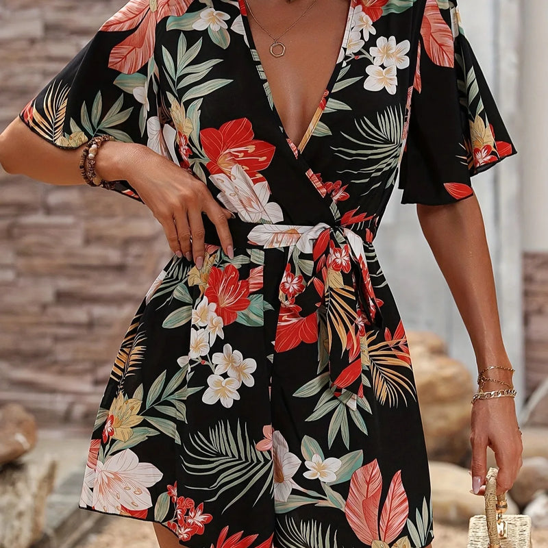Bohemian Floral Romper - Short Sleeve Wide Leg Jumpsuit