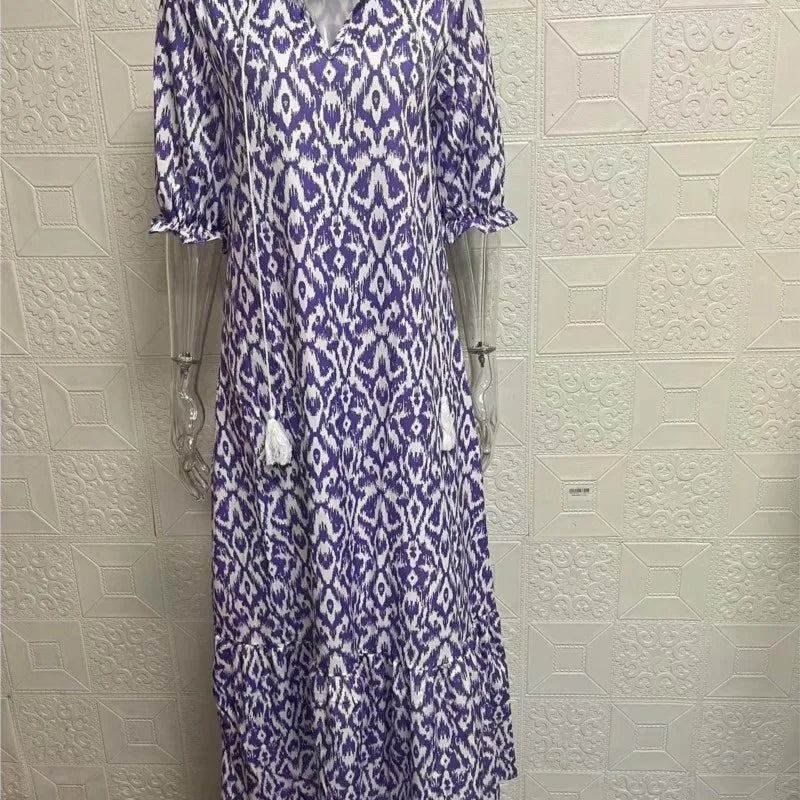 Women's Bohemian Floral Maxi Dress - V-Neck Half Sleeve Beach Dress