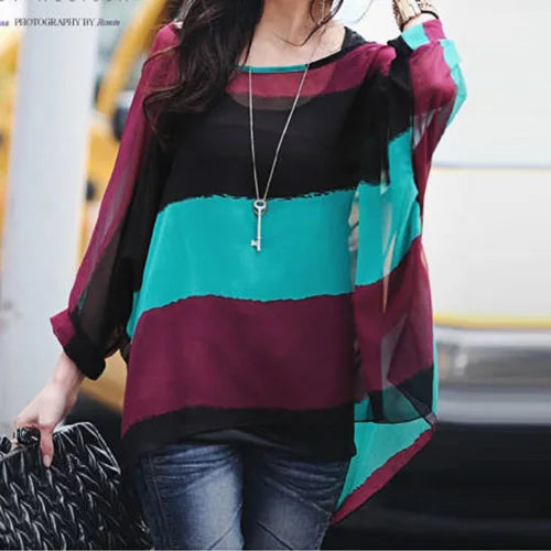Women's Bohemian Chiffon Blouse - Plus Size Batwing Sleeve Summer Top