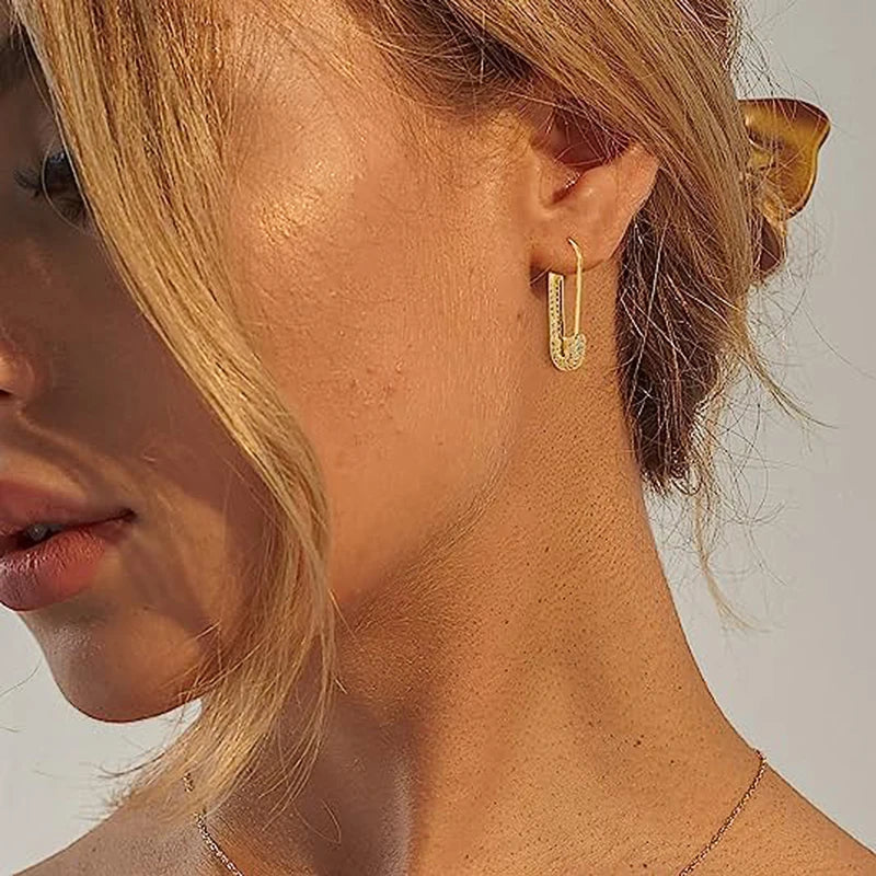 Geometric Paper Clip Hoop Earrings - Cubic Zirconia Fashion Jewelry