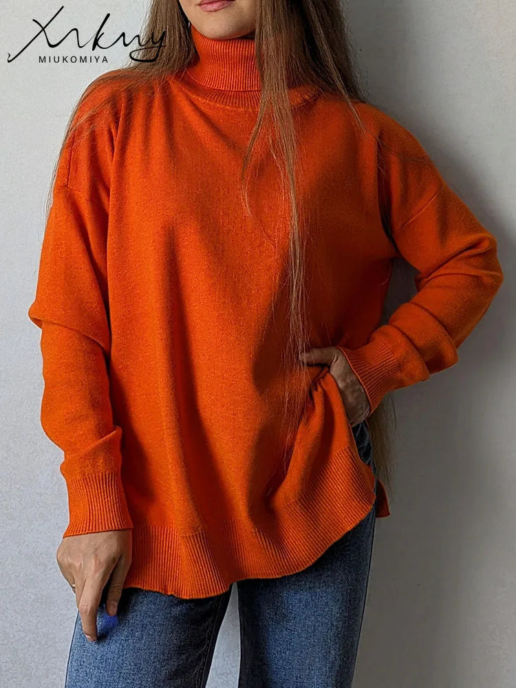 Oversized Turtleneck Sweater - Women's Side Split Pullover