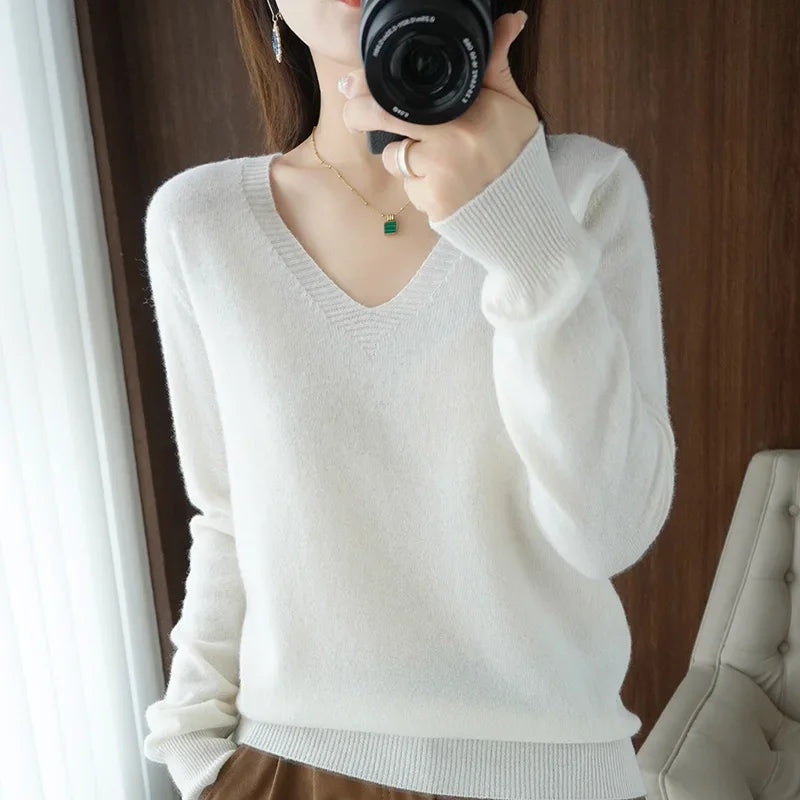 Casual V-Neck Sweater - Women's Solid Color Pullover