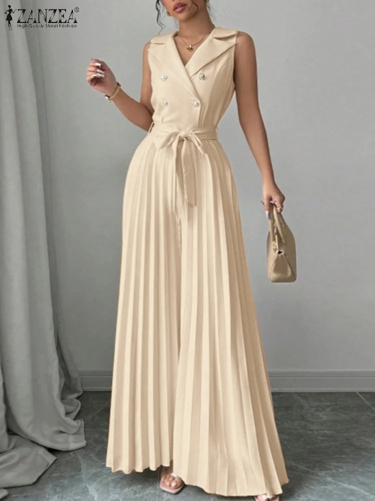 ZANZEA Women's Wide Leg Jumpsuit - Sleeveless V-Neck Office Romper