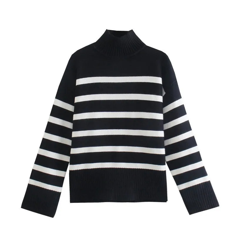 Black and White Striped Turtleneck Sweater - Women's Pullover