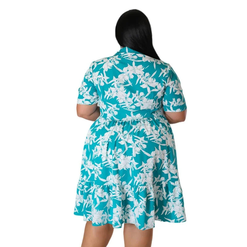 Women's Plus Size Floral Print Midi Dress - A-Line Short Sleeve Casual Party Dress