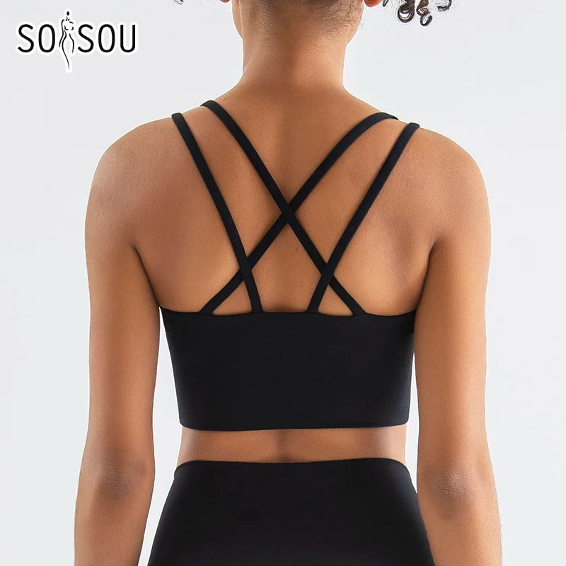 SOISOU Women's Cross-Back Sports Bra - Breathable Nylon Yoga & Fitness Bralette