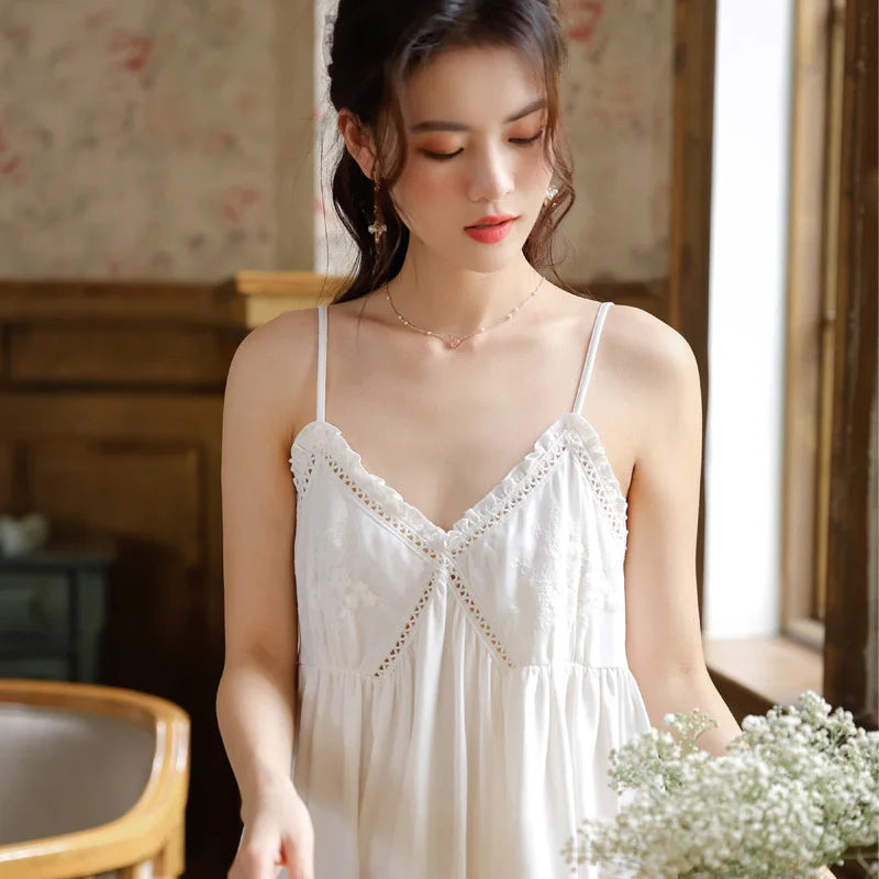 Cotton Lace Nightgown - Elegant Sleeveless Sleep Dress