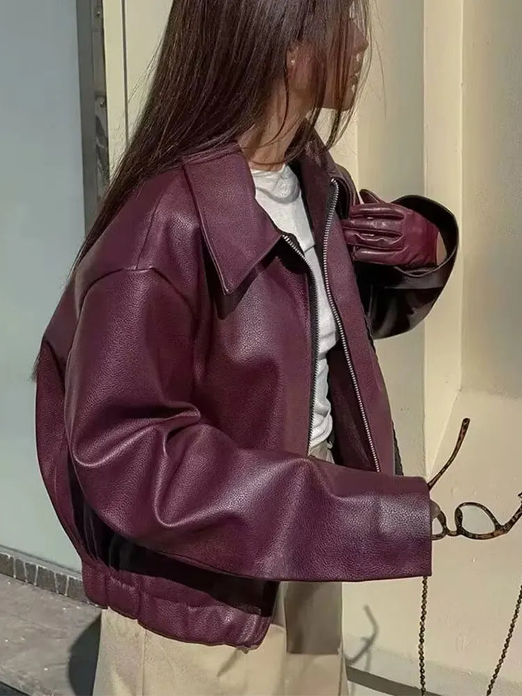 Women's Wine Red Faux Leather Jacket - Streetwear PU Coat