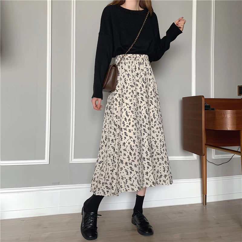 Women's Floral A-Line Midi Skirt with Elastic Waist