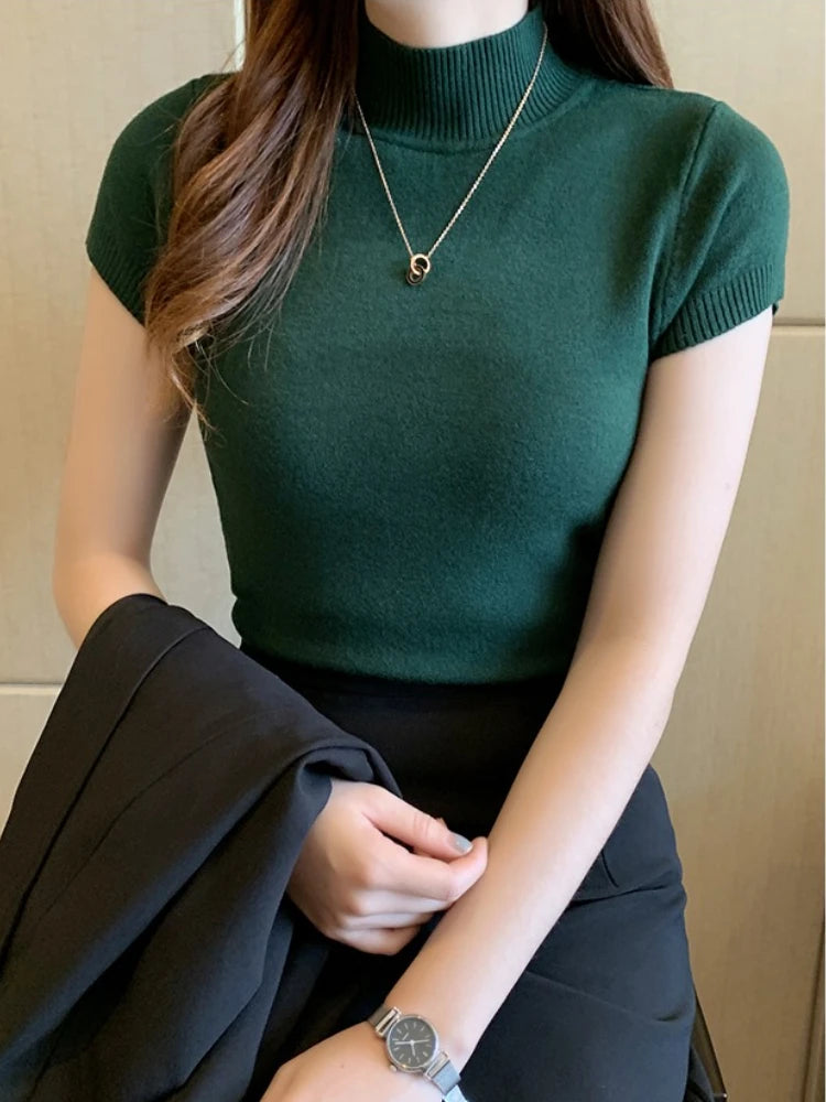 Half-High Neck T-Shirt - Korean Fashion Casual Jumper