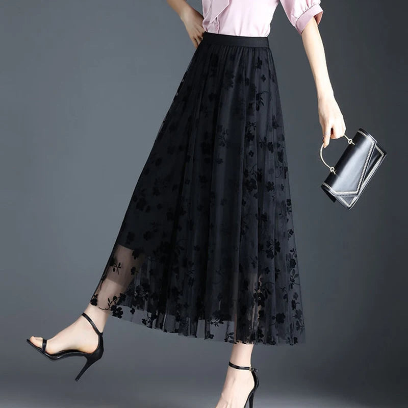 Korean Style Tulle Midi Skirt - Floral Mesh Fashion Skirt
