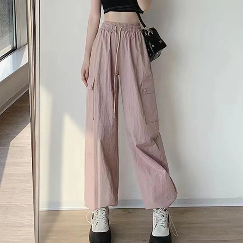 Women's High-Waist Cargo Pants - Casual Wide Leg Trousers