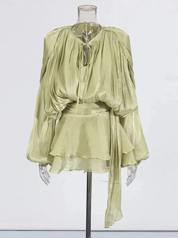 Women's V-Neck Mini Dress with Long Sleeves - A-Line Blouse Dress